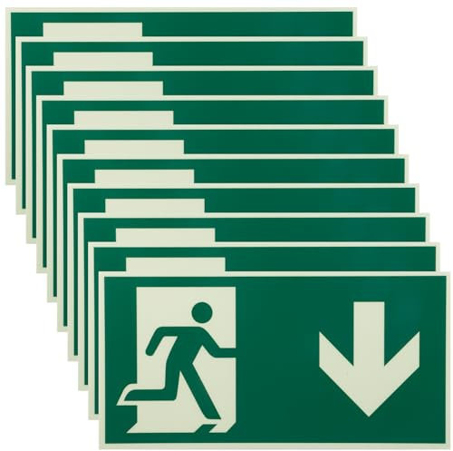 10 cartelli per uscita di emergenza, segnale di emergenza, con freccia inferiore, 300 x 150 mm, autoadesivo, per via di fuga