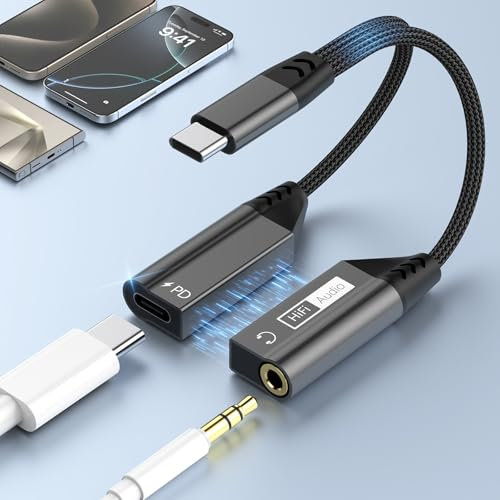 2 in 1 Magnetic USB C to 3.5mm Jack Headphone Charger Aux Adapter,Type-C to 3.5mm Aux Audio Charger Adapter Splitter with PD 60W Fast Charging Compatible with iPhone 16 15/Samsung S24 S23 S22/iPad Pro