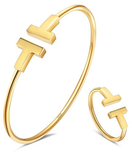 APUUESN Schmuck Set,Armreif Sterling Silber 925 Damen und Ring Gold,Armreifen Goldene Frauen,Zirkon Armband,Buchstabe T Armbänder,Dupes,Geschenk für Freundin,Geburtstag