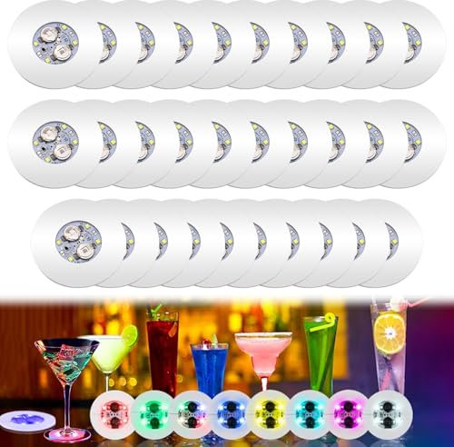 30 Stück LED Untersetzer, LED Sticker Stimmungslichter, Bunte Licht Selbstklebende Leuchtsticker, 3 Lichtmodi, 6 cm Runde Leuchtsticker für Flaschen, Universelle Leuchtende Untersetzer für Party Bar