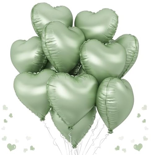 Salbeigrün Herz-Folienballon, 10 Stück olivgrüne Herz-Helium-Ballons, hellgrüne herzförmige Mylar-Luftballons für Dschungelsafari-Party, Geburtstag, Abschlussfeier, Garten, Hochzeit, Babyparty