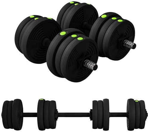 SPORTNOW Set Pesi 2 in 1 con Coppia di Manubri Convertibile in Bilanciere, Peso Totale 20 kg, Dischi Pesi Regolabili e Impugnatura Antiscivolo, Nero e Verde