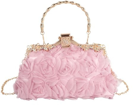 MilyaDE Damen Rose Clutch mit Strass Ketten Kisslock, Elegante Hochzeit Schulter- & Handtasche für besondere Anlässe, Rosa