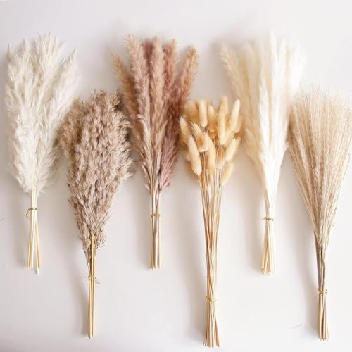 110PCS Natural Dried Pampas Grass Decor, 45CM Dried Flower Bouquet for Craft - Pampas Grass Mix with Bunny Tails & Reeds, Tall Dried Grasses for Vases, Wall Decoration, Wedding, Baby Shower, Bedroom