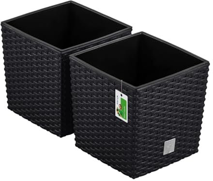 PAFEN 2X Blumentopf Blumenkübel Rattan-Optik 6,8 Liter - 20 x 20cm - Pflanzkübel mit Einsatz, Übertopf für Garten, Balkon & Innenbereich, wetterfest, Kunststoff, Anthrazit