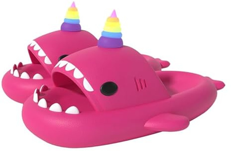 corimori Hai Einhorn Hausschuhe, Badeschlappen mit Regenbogenhorn, in Blau, Rosa oder Schwarz (Pink, EU Schuhgrößensystem, Erwachsene, Damen, Numerisch (von/bis), M, 40, 41)