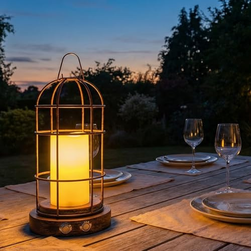 Tomshine LED Kerzenlaterne Vintage Deko, Akku Tischlampe Kabellos Dimmbar, Metall Käfiglaterne mit Realistischem Flammeneffekt, Tragbare Laternen für Draußen (Geschützt), Garten & Camping Lampe