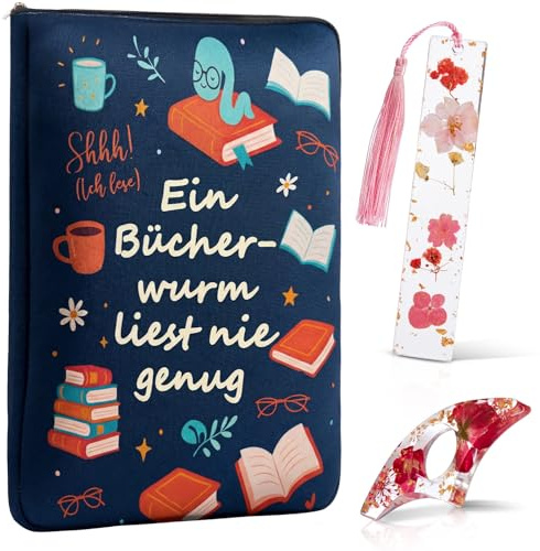 Geyoga 3er Geschenke für Leseratten Buchliebhaber Weihnachten Buchtasche | 22 x 31 cm Buchhülle mit Reißverschluss, Daumen Buchseitenhalter, Harz Lesezeichen, Buchzubehör für Bücherwurm Lehrerin