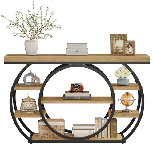 Tribesigns Table Console avec Base Circulaire étroite 120 x 30 x 80 cm Étagère de Rangement à 4 étages Ferme Industrielle Couloir Table Basse Rustique (Brun Clair)