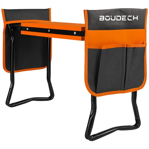 BOUDECH Ergogard - Sgabello Inginocchiatoio Multifunzione 2 in 1 per Giardinaggio con Borsa Portautensili Nero e Arancio