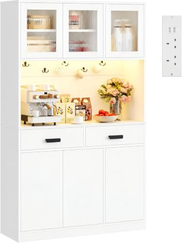 IRONCK Kitchen Cupboard 180cm Tall Cabinet with LED&Power Outlet, Sideboard Storage Cabinet with Large Countertop, 2 Drawers, Ajustable Shelf, Kitchen Units Dining room, living Room,180x110x38cm,White