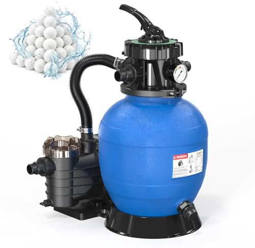LEADZM Pompe Piscine Filtre à Sable 7,9 m³/h + 400g Boules de Filtre, Filtre a Sable Piscine avec Vanne 7 Voies, Pour Bassins jusqu’à 28 m³ (Bleu)