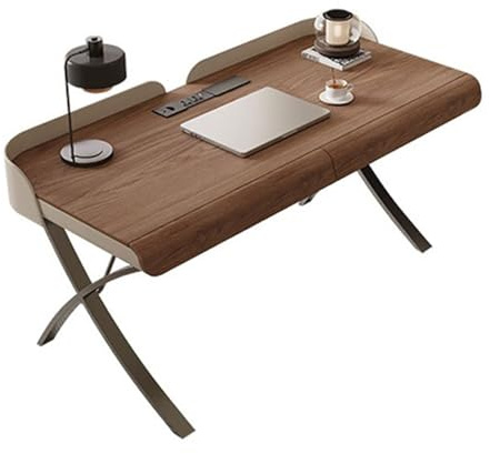 Kx9Lb8d Schreibtisch Moderner Schreibtisch for das Home Office in Walnuss-Optik mit X-förmigen Metallbeinen und Schubladen, PC-Tisch-Arbeitsplatz Ladestationen(M)