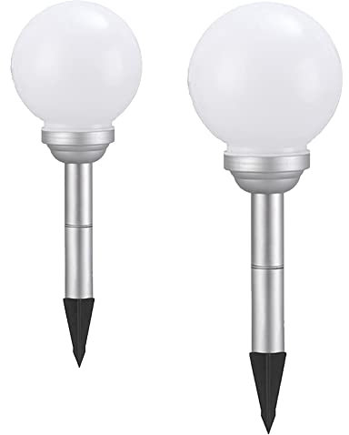 2 x LED-Solar-Kugel-Leuchte OLA Drm. 15+20 cm, Lichtfarbe 4000K, Garten-Wege-Kugel-Lampe mit Erdspieß, IP44