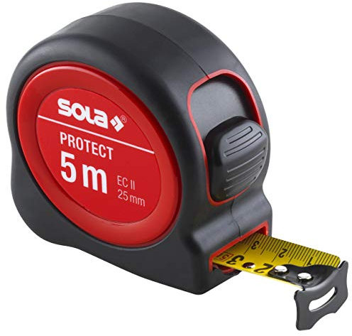 SOLA PROTECT - Bandmaß 5m / 25mm - robustes Rollbandmaß mit Gürtelclip - Stahlband, gelb lackiert mit mm Skala - Genauigkeitsklasse II - Rollmeter mit beweglichem Endhaken - Länge 3m, 5m, 8m