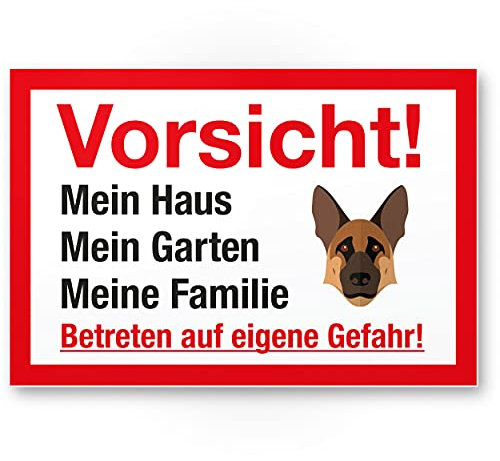Komma Security Vorsicht Hund Mein Haus Garten Familie - Hunde Schild Hinweisschild Grundstück mehrsprachig Shepherd - Türschild Haustüre Warnschild Einbruchschutz - Achtung Schäferhund