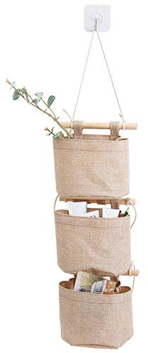 AARAINBOW Mini-Aufbewahrungstasche aus Baumwoll-Leinenstoff, abnehmbar, faltbar, waschbar, hängende Aufbewahrungstasche mit 3 Taschen über der Wand, Tür, Organizer für Zimmer, Badezimmer (Khaki)