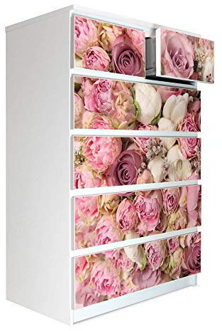 banjado® Möbelfolie selbstklebend für die IKEA Malm Kommode 6 Schubladen - Schrankfolien selbstklebend mit Motiv Strauss Rosen/Möbelfolie Malm für Kinder