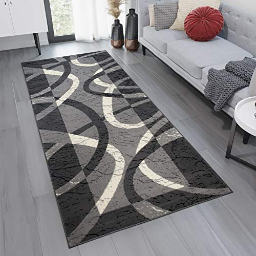 TAPISO Dream Läufer Flur Teppich Kurzflor Modern Brücke Grau Creme Kreise Streifen Wellen Muster Schlafzimmer Wohnzimmer ÖKOTEX 80 x 300 cm
