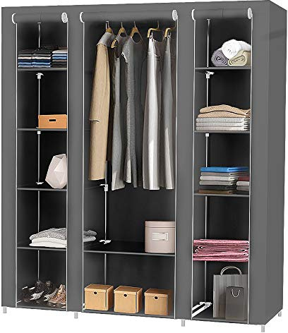 Flyelf Kleiderschrank, Faltschrank, Stoffschrank Schrank mit Kleiderstange (Grau, 172x134x43cm)