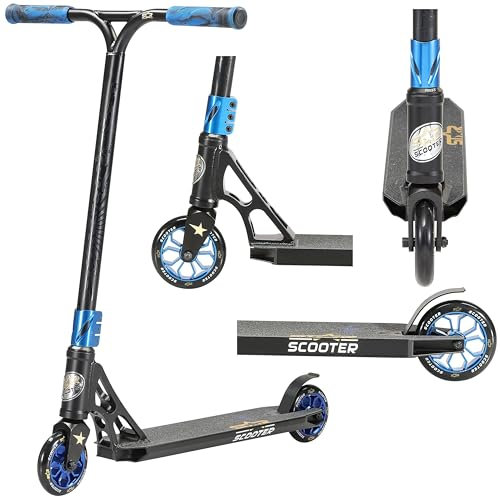 STAR SCOOTER Professional Freestyle Kick Stunt Scooter ab 8 Jahre | 110mm ABEC-9 Lager Alu Kinder City Roller mit HIC für Fortgeschrittene | Schwarz Blau