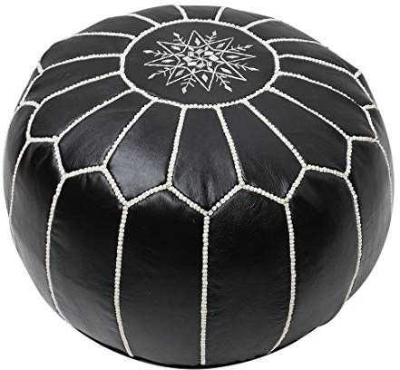 ESSENCE OF MOROCCO Marokkanischer Pouf, Fußstütze, Fußhocker, Ottomane, echtes Leder, Schwarz und Weiß, handgefertigt, handgenäht, mit gesticktem Marrakesch-Design (nur Bezug)
