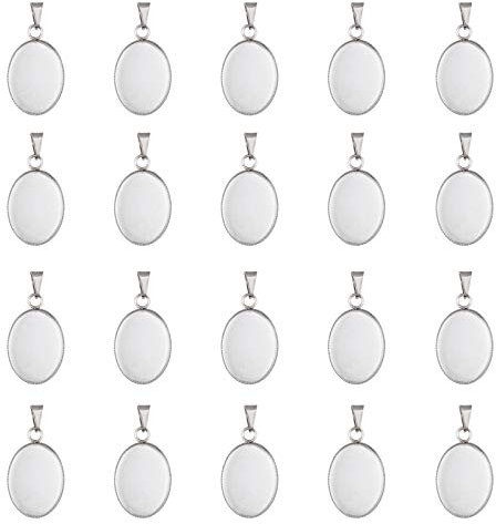 UNICRAFTALE 20pcs 13.5x18mm Oval Anhänger Cabochon Rohlinge Anhänger 304 Edelstahl Lünette Anhänger Oval Tablett Anhänger Cabochon Set Für Frauen Halsketten Schmuckherstellung, Loch 3x5 mm