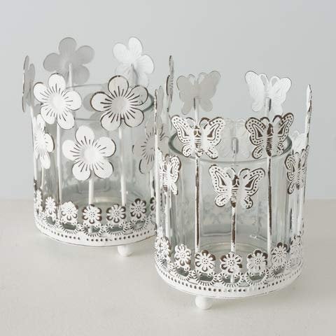 Windlicht Eisen Glas Schmetterling oder Blume weiß Shabby Look Stückpreis