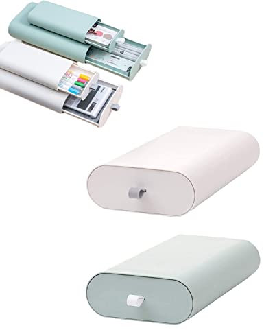 Cassetti Portaoggetti Sotto Il Tavolo, 2 Pezzi Plastica Cassetto per Autoadesiva Sotto la Scrivania, Organizer Nascosto da Scrivania, con Manico, per Ufficio, Scuola, Cucina(Verde, Bianco)