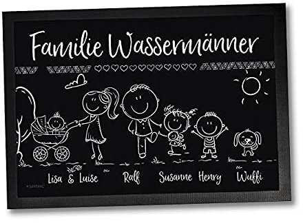 Fußmatte - Willkommen Familie - Kinder, Eltern, Oma, Opa, Hund Katze Personalisiert mit Strichmännchen und Wunschname (60 x 40 cm Gr2)