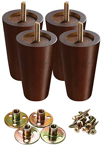 GOSCHE Sofa Legs Set of 4, Wooden Furniture Legs 10cm, Brown Modern Style Replacement Furniture Feet for Bed Cabinet Chair Cupboard Armchair, Family DIY Sofa Feet with Screws Mounting Plate