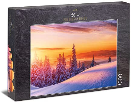 Ulmer Puzzleschmiede - Puzzle „Die Ferne erwacht“ - Klassisches 1000 Teile Puzzle – einsame winterliche Landschaft in der Morgensonne - EIN Spiel mit Licht und Schatten in Winter und Natur