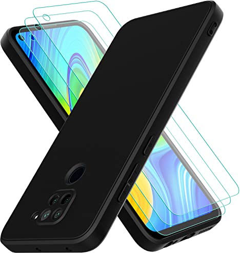 Oureidoo Hülle kompatibel mit Xiaomi Redmi Note 9, mit 3 Stück Panzerglas Schutzfolie, Handyhülle für Xiaomi Redmi Note 9 Silikon gummiert, Handy Case in Schwarz