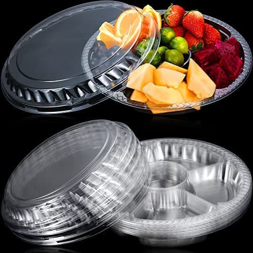 Confezione da 12 vassoi rotondi in plastica con coperchio da 30,7 cm di frutta, 6 scomparti divisi per alimenti, vassoi riutilizzabili, per frutta, frutta, snack e buffet
