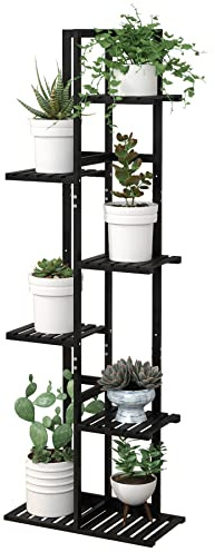 Laiensia Supporto per piante in bambù a 6 ripiani, supporto multiplo, scaffale per interni ed esterni, per patio, giardino, soggiorno, balcone angolare e camera da letto, nero