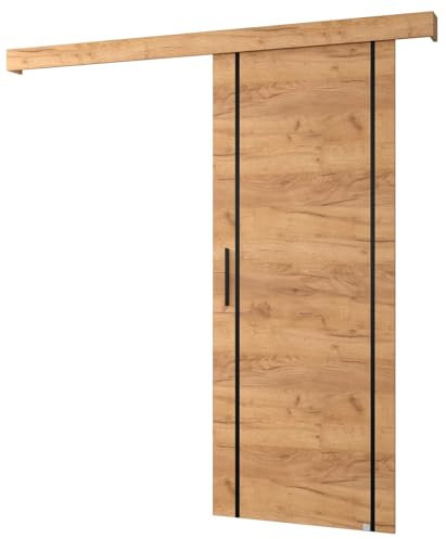 KRYSPOL Schiebetürsystem Salwador 9 Komplett-Set für Schiebetüren, Trennwände Innentüren, Modern Design (Craft Gold Eiche/Gitter: Craft Gold Eiche/Griff und Streife: schwarz)