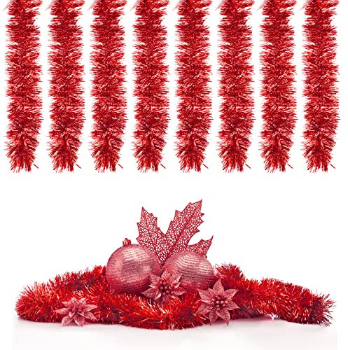 Weihnachtsbaum Lametta Girlande,8Pcs Glänzend Weihnachtsbaum Ornamente,Weihnachtsdeko Metallische Girlanden, Weihnachtsgirlanden,für Festliches Weihnachten Lamettaa,DIY Deko,Kindergeburtstag (Rot)