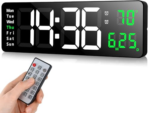 Fuloon Digitale Wanduhr, USB Wanduhren mit 16,2-Zoll-Großdisplay, LED-Digitaluhr mit Fernbedienung, Timing und Countdown, große Uhr mit Datum, Woche, Temperatur (Grün, 16,2 Zoll)