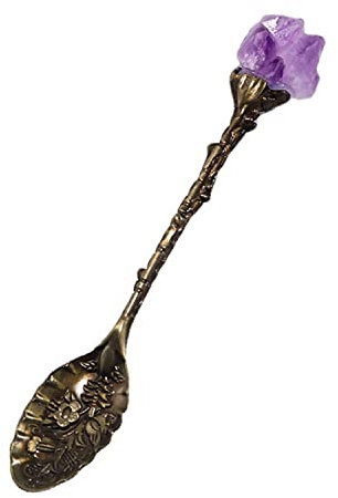 Soulnioi Cucharas de cristal talladas vintage retro decorativas cucharas de café cucharas de postre cuchara de helado con cabeza de cristal de amatista para cafetería, oficina, vajilla, latón