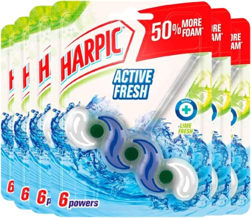 Harpic Active Fresh Toilet Rim Block, Lime Fresh, Pack of 6, Anti-Limescale, Dirt Remover, Lasts up to 30 weeks and up to 1250 flushes, Toilet Cleaner, Toilet Freshener