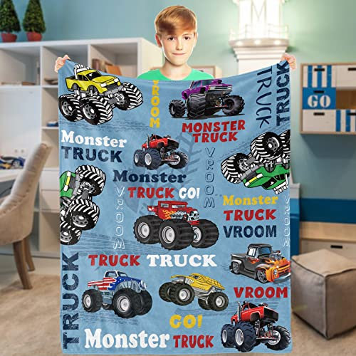 Kuscheldecke Monster Truck, Blau LKW Decke Kinder, Weich Flanell Wagenmuster Kuscheldecke, Warm Plüsch Fleece Fahrzeug Auto Wohndecke für Teenager Jungs Geburtstagsgeschenke Sofa Couch Deko, 130x152cm