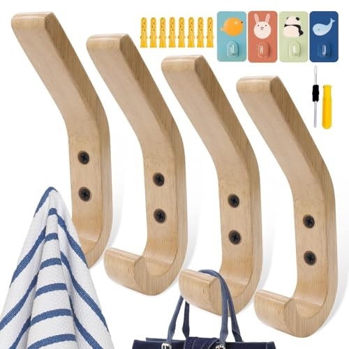 BITEFU 4 ganchos de madera para colgar toallas, paraguas, bolsos con destornillador, 4 tornillos, 8 tubos elásticos, 4 ganchos pequeños