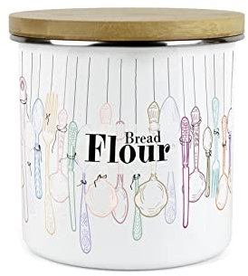 Purely Home Vintage Cutlery Bread Flour Storage Canister - White Metal Enamel Kitchen Food Storage Container