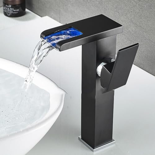 Rubinetto a cascata con LED caldo e freddo, rubinetto per bagno, cucina, bagno, casa (nero alto)