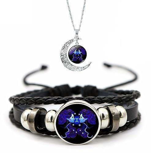 Spirilet Bracelet Zodiac Manifestation, Zodiac Signs Spirit Bracelet, Multilayer Adjustable 12 Constellation Weave Leather Bracelet and Moon Pendant Necklace for Men Women Girls Jewelry Gifts Set ( Co