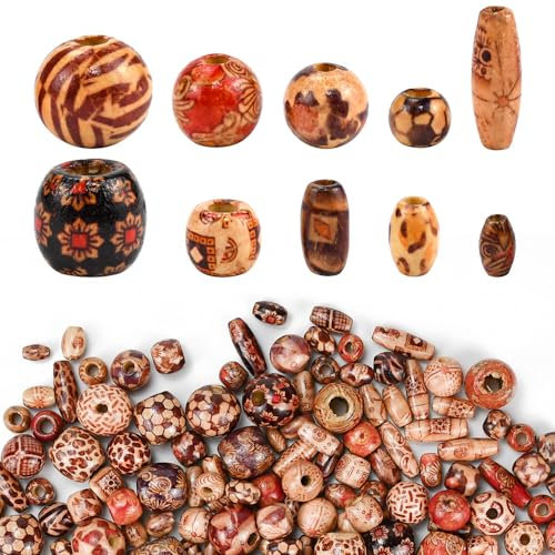 NAROSEBE 448 Stück Holzperlen Gemalt Armband Holz Perlen mit Großem Loch Perlen Muster Schmuck Holzperlen Bedruckl Runde Holzperlen zum Auffädeln Holz Perlen Set für Schmuck DIY Kunfthandwerk