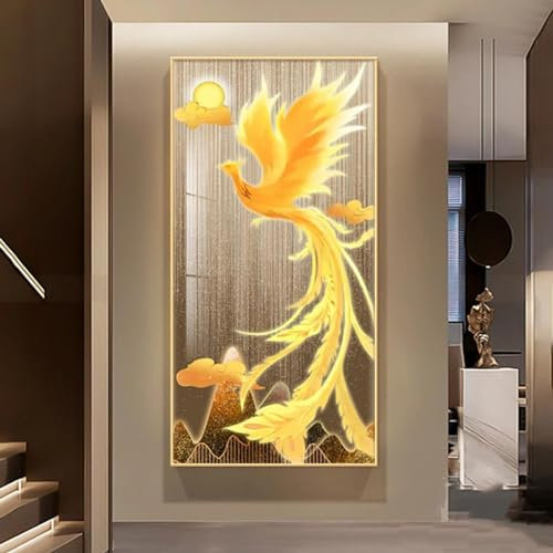 HYFBH Neue chinesische Art Luxus Golden Phoenix Leinwand Malerei Fengshui Tier Pfau für Veranda Wohnzimmer Dekor Wandbilder 95x190cm/37x75in mit Rahmen