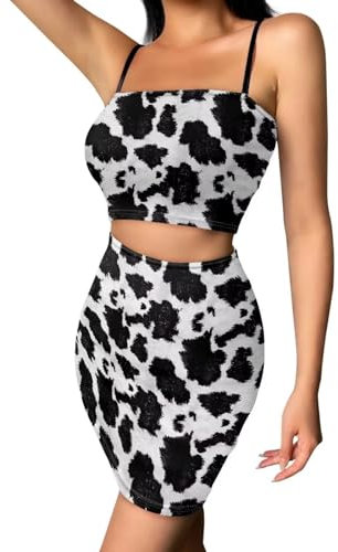 Suhoaziia Damen Ruched Cami Crop Top Bodycon Rock 2 Stück Outfits Kleid Sexy Mini Club Kleid Slim Fit, Kuhfell-Aufdruck, Klein