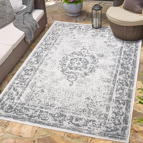 carpet city Outdoor Teppich Wetterfest 160x230 cm - Grau - Wendeteppich, Beidseitiges Ornamenten Muster - Balkonteppich Wasserfest Outdoor - Terrassenteppich
