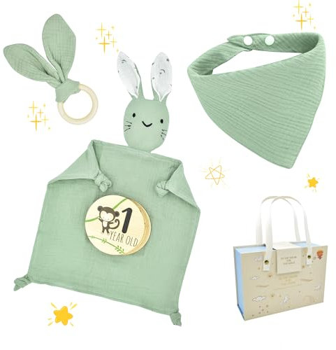 Neugeborenen Geschenk，Geschenk Zur Geburt Junge，Baby Geschenk Mädchen，Geschenkset mit Baumwolle Schmusetuch+Lätzchen +Beißring+7 Stück Baby Holzschild